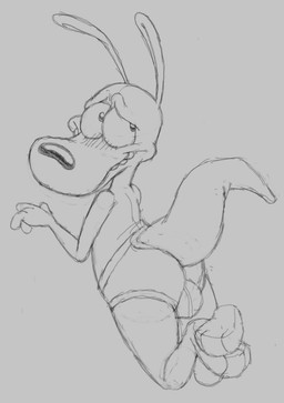 anthro blush bulge butt clothed clothing looking_back male raised_tail rear_view smile solo tail teeth thick_tail underwear underwear_only bogtrom nickelodeon rocko's_modern_life rocko_rama macropod mammal marsupial wallaby digital_media_(artwork) monochrome