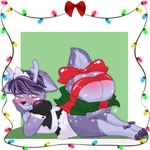 accessory anthro antlers ass_up blush bow_(decoration) bow_(feature) bow_accessory bow_ribbon bubble_butt butt chibi christmas_lights clothing decoration fur furgonomics gift_wrapped hair holidays horn leg_markings looking_at_viewer maid_uniform male markings purple_body purple_fur purple_hair ribbons simple_background socks_(marking) spots spotted_markings string_lights tail tail_accessory tail_bow tail_ribbon uniform momodesugart christmas deer mammal 1:1 hi_res