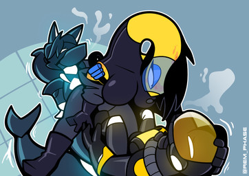 anthro big_breasts black_boots black_clothing black_footwear black_hair black_latex boots breasts clothed clothed_anthro clothed_female clothed_male clothing drone feet female fin foot_on_crotch footwear gas_mask group hair hazmat_suit latex latex_boots latex_clothing latex_footwear latex_skinsuit male male/female male/male mask shoes skinsuit split_form tail tail_fin teasing tight_clothing trio visor wearing_mask yellow_body rem_phase lazlo_becker n-5_aviry pokill_(pokill99) aquatic canid canine canis lizard mammal merfolk reptile scalie snake wolf 2023 absurd_res digital_media_(artwork) hi_res story story_in_description