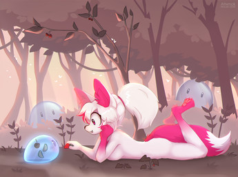 anthro female fluffy group hair paws pink_body pink_ears pink_eyes pink_tail slim slime solo tail white_body white_hair alisenokmouse yoki_j_(yj) canid canine fox mammal hi_res