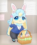 accessory anthro basket blue_body blue_eyes blue_fur blue_pawpads blush bodily_fluids bottomwear bow_ribbon chibi clothed clothing container cubicle dewlap_(anatomy) dress_shirt dress_shoes easter_egg egg female female_anthro floppy_ears footwear fur holidays kemono long_ears looking_at_viewer lop_ears multicolored_body multicolored_fur nervous nervous_smile office pained_expression pants pawpads semi-anthro shirt solo suit sweat swirl tan_body tan_fur teeth teeth_showing thick_thighs topwear two_tone_body two_tone_fur pyritie easter sofu_(pyritie) lagomorph leporid mammal rabbit 2022 digital_media_(artwork) hi_res