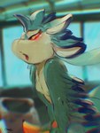 4_ears anthro banana blue_body blue_feathers countershading feathered_crest feathered_wings feathers female food fruit green_body head_crest masturbation multi_ear open_mouth plant winged_arms wings oselotti luvashi avali avian 2023 hi_res