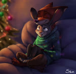 3_toes anthro barefoot bottomwear buckteeth christmas_tree cinemagraph claws clothed clothing dipstick_ears duo ear_markings eyes_closed feet female fully_clothed fur furniture grey_body grey_fur holidays inside light male multicolored_ears neck_tuft on_lap open_mouth open_smile orange_body orange_fur pants pink_nose plant purple_eyes sharing_clothing sitting_on_lap smile sofa sweater teeth toe_claws toes topwear tree tuft s1m christmas disney zootopia judy_hopps nick_wilde canid canine fox lagomorph leporid mammal rabbit red_fox true_fox animated detailed hi_res lighting no_sound short_playtime webm