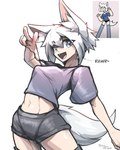 black_clothing black_panties black_underwear blue_clothing blue_eyes blue_shirt blue_t-shirt blue_topwear bottomwear breasts clothed clothing dialogue eyebrow_through_hair eyebrows female fluffy fox_ears fox_tail gesture hair hand_gesture inner_ear_fluff leaning leaning_backward legwear looking_at_viewer markings midriff mole_(marking) navel one_fang open_mouth open_smile panties pantsless purple_clothing purple_shirt purple_t-shirt purple_topwear rawr shirt short_hair shorts simple_background small_breasts smile solo spandex spandex_shorts spats standing t-shirt tail thigh_highs three-quarter_view tight_bottomwear tight_clothing tight_shorts tongue_showing topwear translucent translucent_hair tuft underwear v_sign white_background white_ears white_hair white_tail artdeitech yuki_(crunnchy) animal_humanoid canid canid_humanoid canine canine_humanoid fox_humanoid humanoid mammal mammal_humanoid tailed_humanoid 2024 4:5 artist_name hi_res portrait reference_image shaded three-quarter_portrait