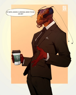 accessory antennae_(anatomy) anthro claws clothing coffee_cup container cup dialogue male necktie piercing simple_background solo standing suit text ekzonzz arthropod blattodean cockroach insect absurd_res digital_drawing_(artwork) digital_media_(artwork) hi_res portrait sketch url