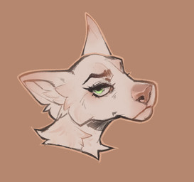 anthro brown_background cheek_tuft eyelashes facial_tuft female fur green_eyes inner_ear_fluff mouth_closed narrowed_eyes neck_tuft neutral_expression pink_nose simple_background solo tuft unsigned white_body white_ears white_fur white_inner_ear white_inner_ear_fluff seraphictiger canid canine canis domestic_dog mammal headshot_portrait hi_res portrait