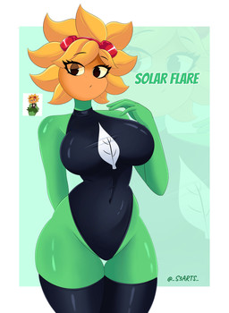 black_clothing black_eyebrows black_eyes black_legwear black_leotard blonde_hair border breasts clothing eyebrows eyelashes eyewear eyewear_on_head female flower freckled_face freckles goggles goggles_on_head green_background green_body hair legwear leotard looking_at_viewer navel navel_outline not_furry orange_face petal_hair petals plant pseudo_hair red_eyewear red_goggles simple_background solo text three-quarter_view white_border yellow_petals yellow_sclera s3arts electronic_arts plants_vs._zombies plants_vs._zombies_heroes popcap_games solar_flare_(pvz) elemental_creature elemental_humanoid flora_fauna flower_creature humanoid plant_humanoid sunflower_(pvz) 2026 absurd_res artist_name colored digital_media_(artwork) hi_res portrait reference_image shaded spanish_description three-quarter_portrait