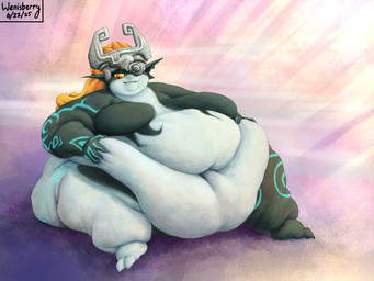belly belly_grab belly_squish big_belly big_breasts big_butt bite biting_lip biting_own_lip black_body black_ears black_skin blue_body blue_markings blue_skin breasts butt chubby_cheeks deep_navel double_chin fat_rolls female fused_shadow grey_helmet hair hand_on_belly hand_on_own_belly huge_belly huge_breasts huge_butt huge_thighs humanoid_pointy_ears hyper hyper_belly hyper_breasts hyper_butt hyper_thighs looking_down looking_down_at_self markings morbidly_obese morbidly_obese_female morbidly_obese_humanoid navel not_furry obese obese_female obese_humanoid orange_hair overweight overweight_female overweight_humanoid pointy_ears red_eyes self_bite sitting snaggle_tooth solo squish text thick_thighs three-quarter_view yellow_sclera wenisberry nintendo the_legend_of_zelda twilight_princess midna humanoid imp twili 2025 4:3 artist_name colored dated digital_media_(artwork) hi_res shaded