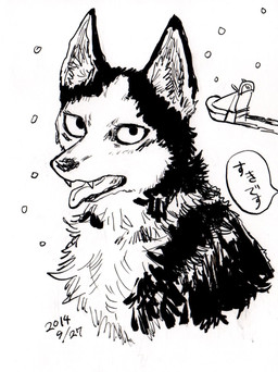 ambiguous_gender black_body black_fur fangs feral fur looking_at_viewer open_mouth simple_background snow solo teeth text tongue tongue_out white_background white_body white_fur sibaketsu canid canine canis domestic_dog husky mammal nordic_sled_dog spitz 2014 black_and_white hi_res japanese_text monochrome traditional_media_(artwork) translated