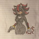 anthro black_body black_fur breasts clothing crossgender female fur gloves gun handwear highlights_(coloring) ranged_weapon red_eyes red_highlights solo thick_thighs weapon anonymous_artist sega sonic_the_hedgehog_(series) shadow_the_hedgehog eulipotyphlan hedgehog mammal 1:1 2025 absurd_res hi_res sketch traditional_media_(artwork)