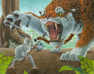 4_toes black_lips claws day detailed_background feet feral green_eyes group lips open_mouth outside sky teeth toes tongue katie_hofgard avian bird felid haplorhine leopard mammal monkey pantherine primate 2007 traditional_media_(artwork)