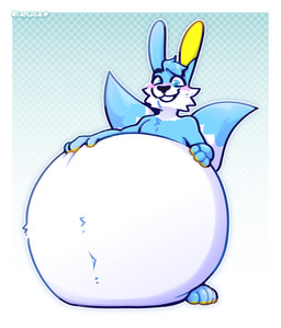 2_tails 4_fingers 4_toes anthro belly belly_inflation big_belly black_nose blue_body blue_eyebrows blue_eyes blue_fur blush border dipstick_tail embarrassed eyebrows feet fingers fur grin hair happy head_tuft huge_belly inflation looking_at_viewer male markings multi_tail multicolored_body multicolored_fur navel nude_anthro nude_male pawpads short_hair smile solo tail tail_markings teeth toes tuft white_border yellow_pawpads empgrem shinespark_(rabbit) lagomorph leporid mammal rabbit 2025 hi_res