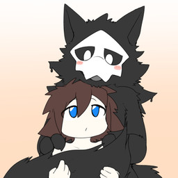 anthro black_body black_fur blue_eyes blush duo fur hair kemono male mask white_body young tsuchinoko_(artist) changed_(video_game) lin_(changed) puro_(changed) canid canine canis goo_creature human mammal wolf 1:1 hi_res japanese_description