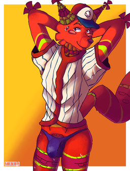 anthro athletic athletic_male ball baseball_(ball) baseball_cap baseball_uniform big_butt bodily_fluids bottomwear bulge butt cheek_tuft clothed clothing colorful_body confetti facial_tuft fur half_naked hat headgear headwear male multicolored_body multicolored_fur pattern_clothing pinata purple_clothing purple_eyes purple_underwear red_body shadow shirt simple_background smile solo_focus sportswear standing striped_body striped_clothing stripes sweat sweatdrop tail topwear tuft underwear uniform wide_hips yellow_background shrederr_8 halley_labs lapfox_trax the_quick_brown_fox animate_inanimate canid canine fox living_pinata mammal robot_anthro hi_res