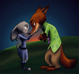 anthro barefoot bottomwear clothed clothing duo eye_contact feet female fully_clothed fur looking_at_another male necktie outside pants shirt standing sunset topwear frava8 stormspike third-party_edit disney zootopia judy_hopps nick_wilde canid canine fox lagomorph leporid mammal rabbit red_fox true_fox color_edit colored