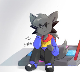 annoyed anthro bottomwear clothed clothing ear_piercing footwear fully_clothed hand_on_head hoodie looking_at_viewer male pants piercing shoes simple_background sitting solo tail text topwear gabisnotanartist bemani dance_dance_revolution konami kapi_(paperkitty) domestic_cat felid feline felis mammal hi_res