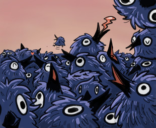 ambiguous_gender beak black_beak feathers feral grey_body grey_feathers group jumping kissing looking_at_viewer open_beak open_mouth tongue tongue_out wide_eyed vanze deltarune undertale_(series) avian darkner kawkaw_(deltarune) 2026 digital_media_(artwork)