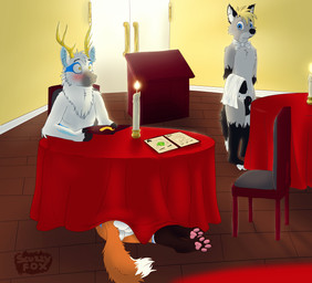 animal_genitalia anthro backsack balls blush candle condom genitals group hooves inside male male/male nude paws public restaurant sexual_barrier_device sheath trio under_table voyeur waiter scuzzyfox scuzzy_(scuzzyfox) canid canine deer fox mammal new_world_deer reindeer 2019 absurd_res hi_res