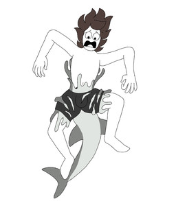 ambiguous_feral ambiguous_gender biped black_bottomwear black_clothing bottomwear brown_hair clothing duo feral forced forced_transformation goo_transformation grey_body hair heart_symbol latex latex_transformation male male_human swimming_trunks swimwear transformation white_body sinful_drawz changed_(video_game) lin_(changed) tiger_shark_(changed) aquatic fish human mammal shark