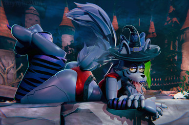 big_butt butt clothing ear_piercing female genitals hair hat headgear headwear looking_at_viewer machine open_mouth piercing solo tail vulva witch_hat bugafterdark five_nights_at_freddy's five_nights_at_freddy's:_security_breach scottgames steel_wool_studios roxanne_wolf animatronic canid canine canis mammal robot wolf 3d_(artwork) absurd_res digital_media_(artwork) hi_res