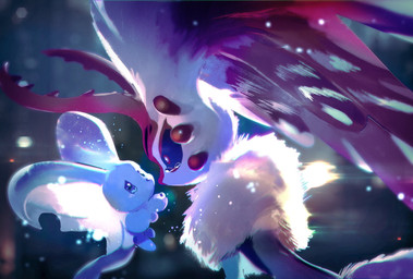 ambiguous_gender angry anthro antlers big_ears biped bipedal_feral black_sclera blue_eyes blush blush_lines bodily_fluids chest_tuft countershading crying death_glare duo eye_contact feral floating fluffy fluffy_tail fur glistening glistening_body glistening_fur head_wings horn huge_wings levitation looking_at_another mouthless multicolored_body multicolored_fur notched_ear pupils red_body red_eyes red_fur scared side_view size_difference tail tan_body tan_fur teal_body teal_fur tears tuft unusual_wing_placement white_body white_fur white_pupils wings shirasu_umai3 kirby_(series) nintendo chaos_elfilis elfilin alien chinchilla chinchillid mammal rodent starling_(kirby) 2023 digital_drawing_(artwork) digital_media_(artwork) digital_painting_(artwork) hi_res painting_(artwork) widescreen male_(lore)