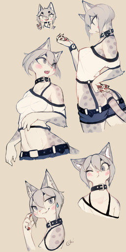 anthro bare_shoulders belt blush bottomwear breasts claws clock clothed clothing collar female furgonomics grey_eyes grey_hair hair midriff navel open_mouth pawpads short_hair shorts simple_background solo spots tan_background teeth tongue tongue_out watch liki domestic_cat felid feline felis mammal absurd_res hi_res signature sketch