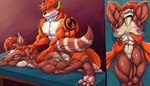 abs anthro biceps breasts butt deltoids duo eyebrows eyes_closed feet female genitals male massage muscular muscular_female muscular_male nipple_piercing nipples obliques paws piercing pussy tattoo triceps g4rron ailurid canid canine fox mammal red_panda hi_res