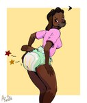 angry anthro blush butt_massage clean_diaper clothed clothing diaper female looking_back pain_stars shirt solo spank_marks topwear wearing_diaper wetness_indicator arzdin june_(arzdin) canid canine canis domestic_dog mammal