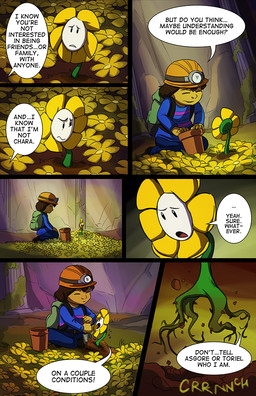 ambiguous_gender armor duo_focus flower gardening_tool group hard_hat headgear helmet plant plant_pot rope speech_bubble text trowel lynxgriffin undertale undertale_(series) flowey_the_flower frisk_(undertale) elemental_creature flora_fauna human mammal 2016 comic english_text