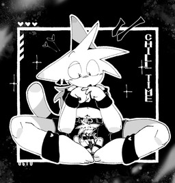 ambiguous_gender anthro bottomwear clothing duo group looking_at_another open_mouth relaxing shirt shorts solo spread_legs spreading tank_top topwear wristband yotsuba00000 2026 hi_res monochrome