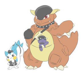 accessory ambiguous_anthro ambiguous_gender anthro black_body black_bracelet black_choker black_jewelry black_necklace black_tailband blue_body blue_eyes blue_fur bracelet brown_body choker claws clothing fur furgonomics gesture grey_clothing grey_eyes grey_hat grey_headwear grey_shirt grey_topwear group hand_gesture hat headgear headwear jewelry looking_at_viewer narrowed_eyes necklace pouch_(anatomy) red_eyes shirt simple_background smile snaggle_teeth spiked_bracelet spiked_choker spiked_tailband spikes tail tail_accessory tailband thumbs_down topwear trio white_background white_body white_fur yellow_body yellow_cheeks dendollae nintendo pokemon generation_1_pokemon generation_4_pokemon kangaskhan pachirisu pokemon_(species)