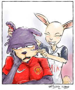 anthro cheek_pinch clothed clothed_anthro clothed_female clothing duo eyes_closed female female/female grin hand_on_cheek shirt smile soccer_jersey teasing topwear mr.foxman beastars manchester_united nike premier_league tottenham_hotspur_fc haru_(beastars) juno_(beastars) canid canine canis lagomorph leporid mammal rabbit wolf absurd_res hi_res