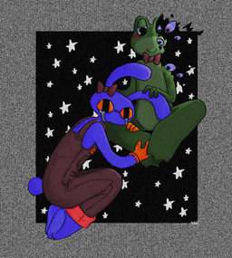 anthro bodily_fluids bow_ribbon bow_tie clothing comforting crying curled_up duo female female/female fetal_pose gloves handwear holding_ear holding_on overalls sitting star static tears curious_coyote eyestrain_warning glitch_productions the_amazing_digital_circus jax_(tadc) ribbit_(tadc) abstraction_(tadc) amphibian frog humanoid lagomorph leporid mammal rabbit colored digital_media_(artwork) full-length_portrait hi_res portrait trans_(lore) trans_woman_(lore)