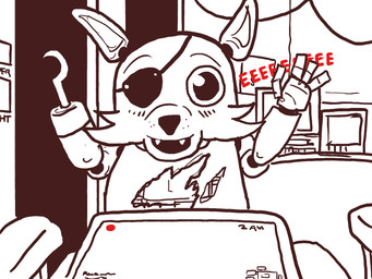 anthro electronics eye_patch eyewear fangs hook hook_hand machine male solo tablet tablet_computer teeth text crisis-omega five_nights_at_freddy's scottgames foxy_(fnaf) animatronic canid canine fox mammal robot 4:3 hi_res