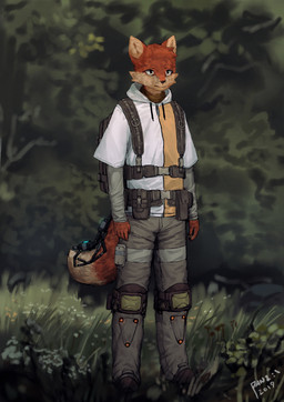 ambiguous_gender anthro backpack belt cheek_tuft clothed clothing dipstick_tail facial_tuft grass head_tuft hoodie markings multicolored_tail outside plant solo standing tail tail_markings topwear tree tuft utility_belt panzery25 canid canine fox mammal red_fox true_fox 2019 absurd_res hi_res signature