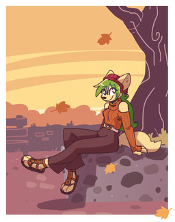 3_fingers 3_toes anthro autumn bare_shoulders beanie belt bench biped black_nose border bottomwear brick_wall claws clothed clothing eyebrow_through_hair eyebrows falling_leaves feet female fingers footwear fur furgonomic_hat furgonomic_headwear furgonomics green_hair hair hat headgear headwear inner_ear_fluff long_hair looking_at_viewer pants plant sandals shoes shrub sitting smile solo sunset toe_claws toes translucent translucent_hair tree tuft wall_(structure) white_belt white_border yellow_body yellow_fur fuel_(artist) pepper_(fuel) canid canine fox mammal 2025 hi_res warm_colors