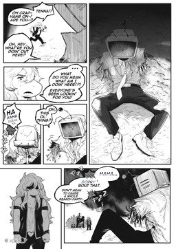 aftermath ambiguous_gender antenna_wire antennae_(anatomy) anthro armless bodily_fluids clothed clothing damage dialogue duo electronics female for_a_head group male missing_arm necktie open_mouth screen screen_face sitting snow solo sound_effects speech_bubble sweat television text torn_clothing wire wounded vokoy deltarune mythology undertale_(series) susie_(deltarune) tenna_(deltarune) darkner dragon humanoid lightner monster mythological_creature mythological_scalie object_head pippins_(deltarune) scalie screen_head shadowguy_(deltarune) tv_head zapper_(deltarune) absurd_res black_and_white comic english_text hi_res monochrome