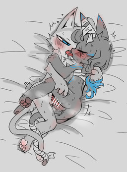 anthro bandage bandaged_chest bandaged_ear bed_sheet bedding blue_eyes blush blushing_profusely butt censor_bar cuddling dripping duo eyes_closed fur genitals grey_body grey_fur hair hand_on_back hand_on_leg hand_on_shoulder hand_on_thigh head_tuft heart_symbol intersex intersex/male kissing leg_wrap long_hair lying making_out male motion_lines nude nude_anthro on_side paws penetration penile penile_penetration penis penis_in_vagina red_penis tail tail_coil tongue tongue_out tuft vaginal vaginal_penetration white_body white_fur u-naduki ponos_corp. the_battle_cats d'arktanyan_(the_battle_cats) d'artanyan_(the_battle_cats) domestic_cat felid feline felis mammal hi_res trans_(lore) trans_man_(lore)