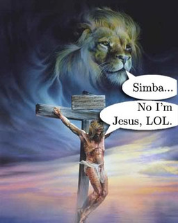 cloud cross dialogue duo feral humor male religion text unknown_artist disney the_lion_king jesus_christ mufasa simba_(the_lion_king) felid human lion mammal pantherine english_text low_res