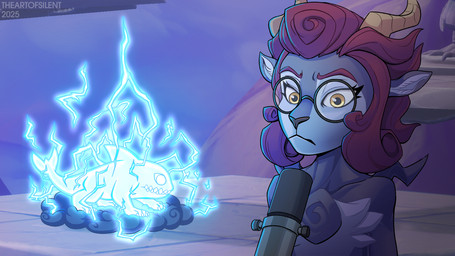 :< anthro big_glasses biped black_eyewear black_glasses black_nose chest_tuft cloud detailed_background duo electricity electrocution electronics eyebrows eyelashes eyewear female feral flat_chested floor fur gameplay_mechanics glasses hair horn light lightning lightning_bolt looking_at_viewer looking_away male microphone outside pink_eyebrows pink_hair pose purple_body purple_fur round_glasses sculpture shitpost statue text tile tile_floor tuft white_sclera year yellow_eyes theartofsilent collargate rivals_of_aether absa orcane bovid caprine cetacean dolphin elemental_creature goat mammal marine oceanic_dolphin orca toothed_whale 16:9 2025 artist_name colored detailed digital_drawing_(artwork) digital_media_(artwork) hi_res lighting meme shaded watermark widescreen