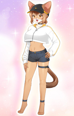abstract_background anthro baseball_cap big_breasts biped bottomwear breasts brown_eyes brown_hair clothed clothing countershading digitigrade female fur hair hat headgear headwear hoodie looking_at_viewer midriff pink_background shorts simple_background smile solo tan_body tan_fur topwear white_body white_countershading white_fur kiichi two_beasts_or_not_to_beast cha-ko domestic_cat felid feline felis mammal official_art