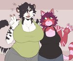 anthro belly big_breasts blush breast_envy breast_size_difference breasts cleavage clothed clothing curvy_figure duo embarrassed eyes_closed female female/female huge_breasts larger_female open_mouth overweight overweight_female pink_nose shirt size_difference smaller_female smile tank_top thick_thighs topwear voluptuous wide_hips strayserval ember_(cat) yiri_(milkand) felid feline mammal pantherine tiger 2022 digital_media_(artwork) hi_res