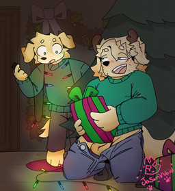 anthro antlers balls blush blush_lines clothing duo festive genitals gift holidays horn lights male male/male masturbation plant sweater topwear tree young jasonvvoid christmas bird_dog canid canine canis domestic_dog golden_retriever hunting_dog mammal retriever hi_res brother_(lore) brothers_(lore) sibling_(lore)