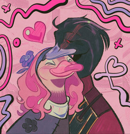 abstract_background alternate_species anthro beak black_body clothing hair happy heart_symbol long_hair male male/male pink_background pink_body red_eyes romantic scar self-ship simple_background yumeship skunkes arcane_(tv_series) league_of_legends riot_games tencent artist_self-insert silco_(arcane) smunker_(skunkes) anatid anseriform avian bird duck hi_res