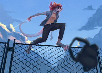 4_toes 5_fingers anthro backpack barefoot biped breasts chain-link_fence clothed clothing day depth_of_field detailed_background feet female fence fingers fully_clothed hair medium_breasts outside red_eyes red_hair sky smile solo toes ruino4ka american_opossum mammal marsupial virginia_opossum 2018 digital_media_(artwork) signature