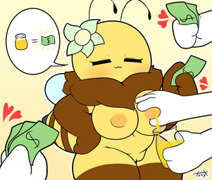 4_fingers :3 ambiguous_gender antennae_(anatomy) anthro anthro_focus areola arm_markings arthropod_abdomen bald big_breasts biped blush bodily_fluids breast_grab breast_milking breast_squeeze breasts chibi currency_symbol dollar_sign eyelashes female female/ambiguous female_focus fingers flower_on_head fluffy food genitals group hand_on_breast hand_on_hip happy heart_reaction holding_money holding_object honey_(food) inverted_nipples lactating lactating_honey leg_markings legs_together markings mature_anthro mature_female money navel neck_tuft nipple_fetish nipple_play nipples nude nude_anthro nude_female pose simple_background slightly_chubby slightly_chubby_anthro slightly_chubby_female solo_focus squeezing stinger symbol text thigh_markings tuft unusual_bodily_fluids unusual_lactation vulva wide_hipped_anthro wide_hipped_female wings yellow_body tonytoran bee_(tonytoran) arthropod bee human humanoid hymenopteran insect mammal 2023 absurd_res artist_name colored digital_drawing_(artwork) digital_media_(artwork) hi_res portrait shaded signature three-quarter_portrait