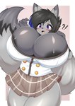 ?! anthro areola areola_slip barely_contained barely_contained_breasts big_breasts biped black_areola black_hair blue_highlights breast_expansion breasts clothed clothing expansion female fully_clothed fur grey_body grey_fur hair highlights_(coloring) huge_breasts looking_at_breasts looking_at_own_breasts looking_at_self open_mouth purple_eyes solo surprise tailzkim zenocoyote_(oc) canid canine canis coyote mammal 2022 hi_res