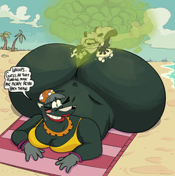 anthro beach big_butt blush blush_stickers bodily_fluids bracelet breasts butt butt_massage cleavage clothed clothing dialogue duo embarrassed eyelashes fart fart_cloud fart_fetish farting_on_another farting_on_face female gas gassy green_fart_cloud hand_on_butt hat headgear headwear huge_butt huge_hips hyper hyper_butt jewelry larger_female lipstick long_eyelashes lying macro makeup male male/female motion_lines on_front onomatopoeia palm_tree plant rubbing_butt scared sea size_difference sky smaller_male sound_effects speech_bubble sweat sweatdrop tail text towel tree water wide_hips happypokeyboy toonimals aunt_odor sai_(saitheskunk) mammal mephitid skunk absurd_res english_text hi_res