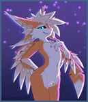 3_fingers 4_ears abstract_background ambiguous_anthro ambiguous_gender anthro arm_tuft arms_bent biped black_sclera blue_border blue_eyes border claws crotch_tuft dipstick_tail eyebrows eyelashes facial_tuft fangs feather_tuft feathers featureless_chest featureless_crotch fingers hair hand_on_back inner_ear_fluff looking_at_viewer markings multi_ear multicolored_body multicolored_feathers multicolored_hair multicolored_wings narrowed_eyes noseless nude nude_ambiguous nude_anthro open_mouth open_smile orange_body orange_feathers orange_tail pupils sharp_teeth short_snout smile smiling_at_viewer snout solo standing tail tail_markings teeth three-quarter_view tuft two_tone_hair white_body white_feathers white_hair white_tail white_tail_tip wide_hips winged_arms wings draggyavali avali avian 2025 digital_media_(artwork) hi_res portrait shaded three-quarter_portrait