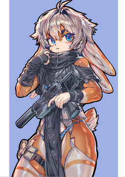 anthro arm_warmers armwear clothed clothing gun kemono legwear male ranged_weapon simple_background solo stockings submachine_gun tabard weapon magic_dream00 lagomorph leporid mammal rabbit hi_res